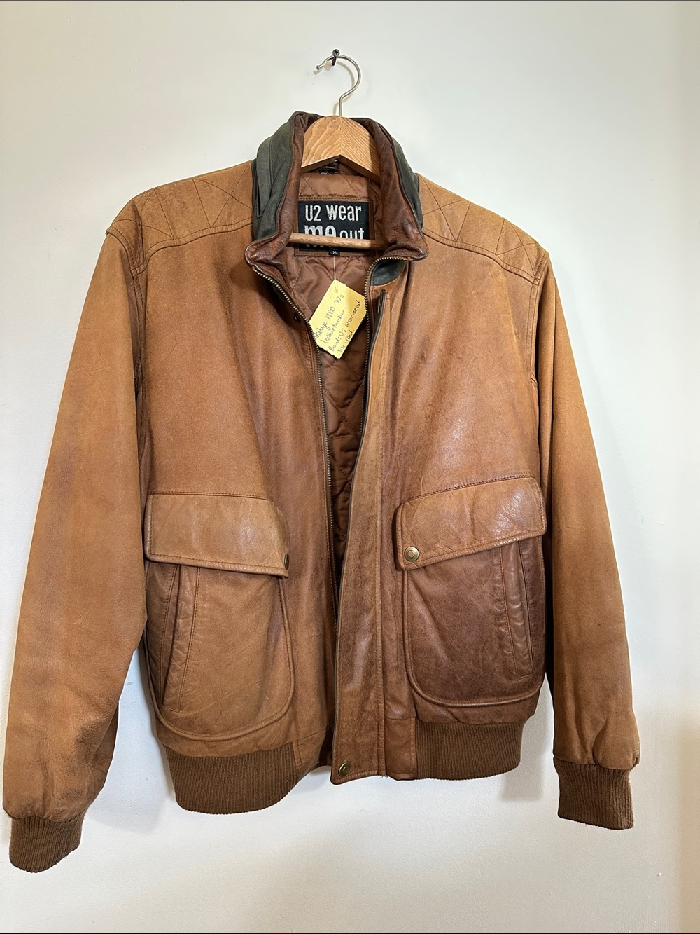 Vintage U2 Wear Me Out Brown Leather Bomber Jacket Mens M 80s 90s Distressed